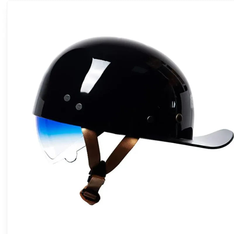 Retro black and gradient blue half helmet for electric bicycles with a blue lens.