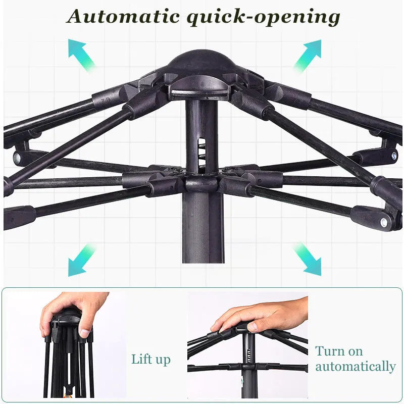 Beige fully automatic quick-opening double-deck outdoor tent set up on grass, with internal and external layers visible