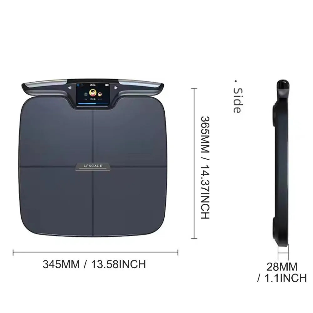 Black eight-electrode body fat scale on a floor, showing a simple square design with integrated electrodes.