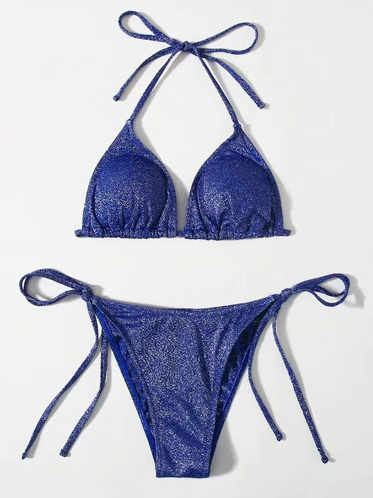 Women's split bandage bikini swimsuit in six colour options with detailed sizing measurements