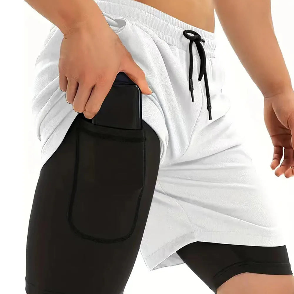 Men's camouflage print double-layer quick-drying sports shorts in various colours on a size chart.