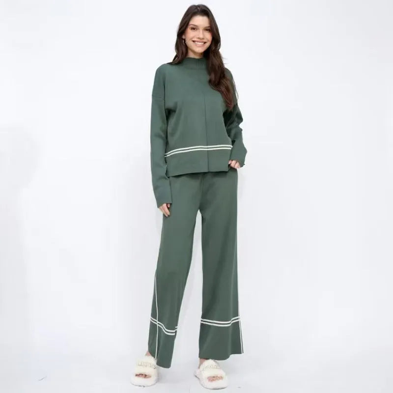 Women's knitted two-piece set with long-sleeve top and pants in five colours, autumn winter casual wear