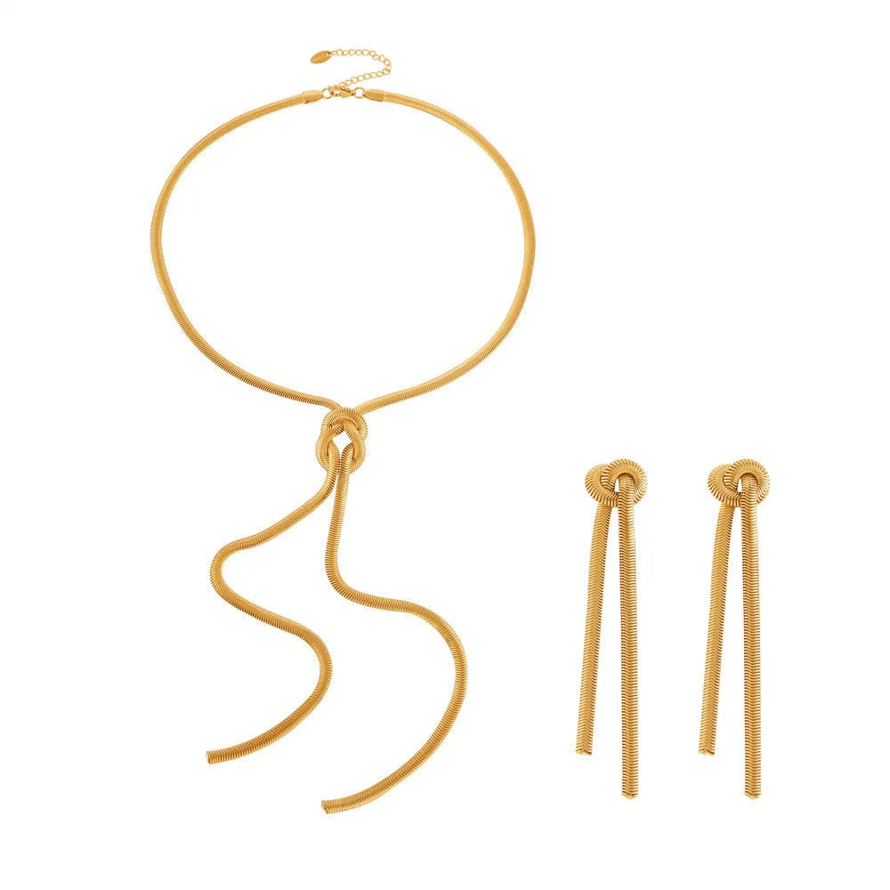 Gold-plated titanium steel necklace with knotted tassel pendant and matching earrings