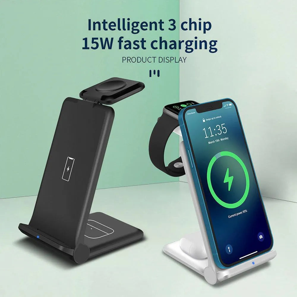 White or black 3-in-1 wireless charging station with foldable design for iPhone, Samsung, AirPods and Apple Watch