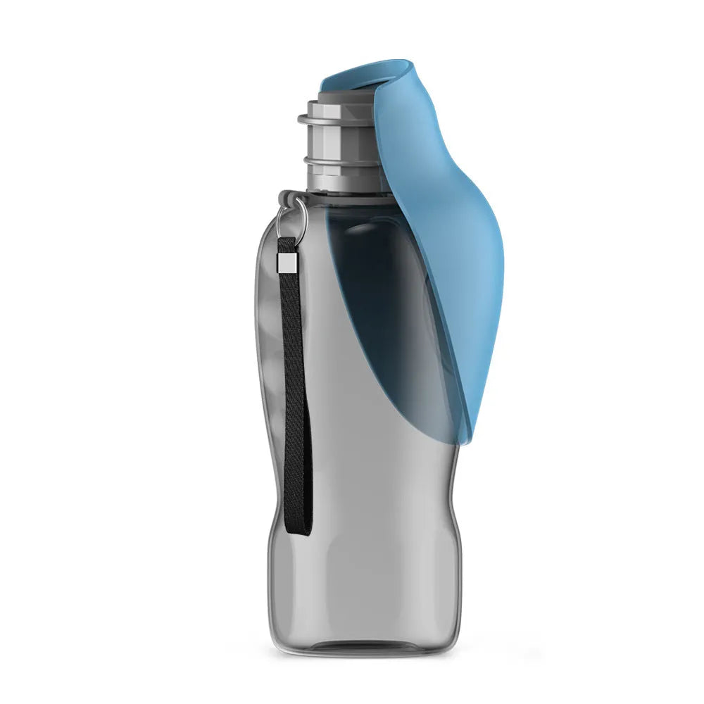 Blue grey portable dog water bottle with foldable drinking bowl extended, showing lock key.