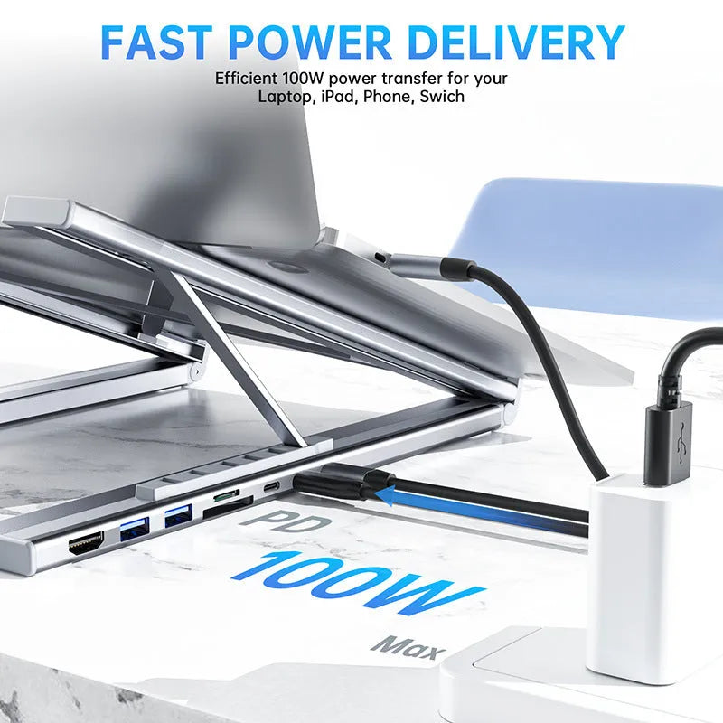 Aluminium alloy folding laptop docking stand with multi-port hub, shown in open and closed positions.