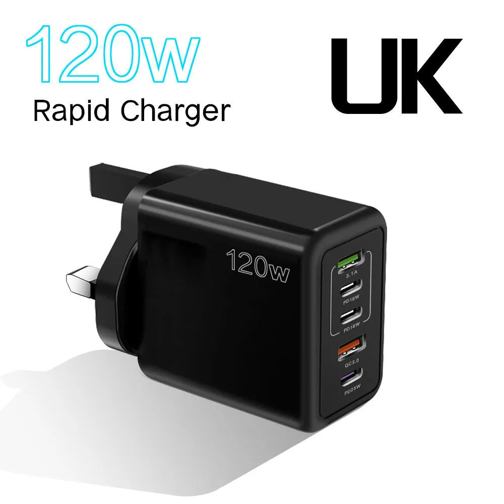 120W multi-port fast charger with five USB ports in white colour and UK three-pin plug
