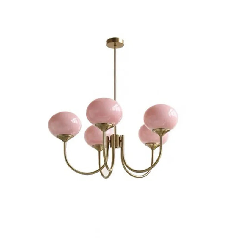 Three-head chandelier with iron frame and glass ball lampshades in copper finish
