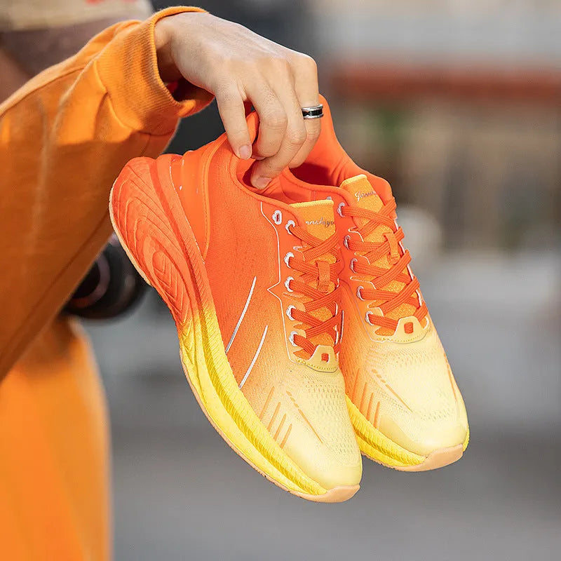Popcorn thick sole lightweight woven flying running shoes in orange red and orange green colour options