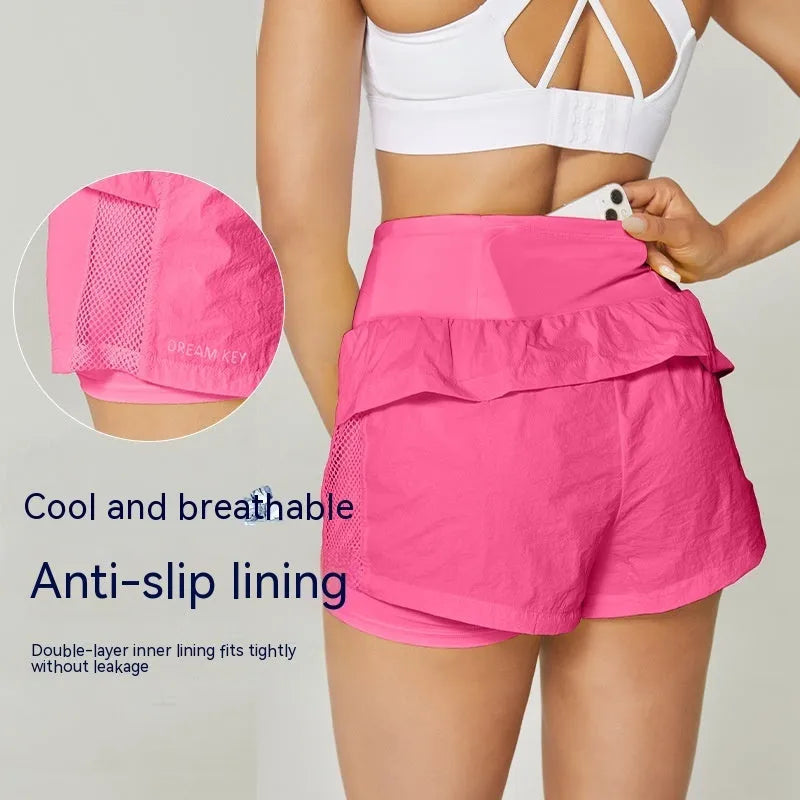 Women's loose fit quick-dry sports shorts in cotton blend fabric, shown in multiple colour options