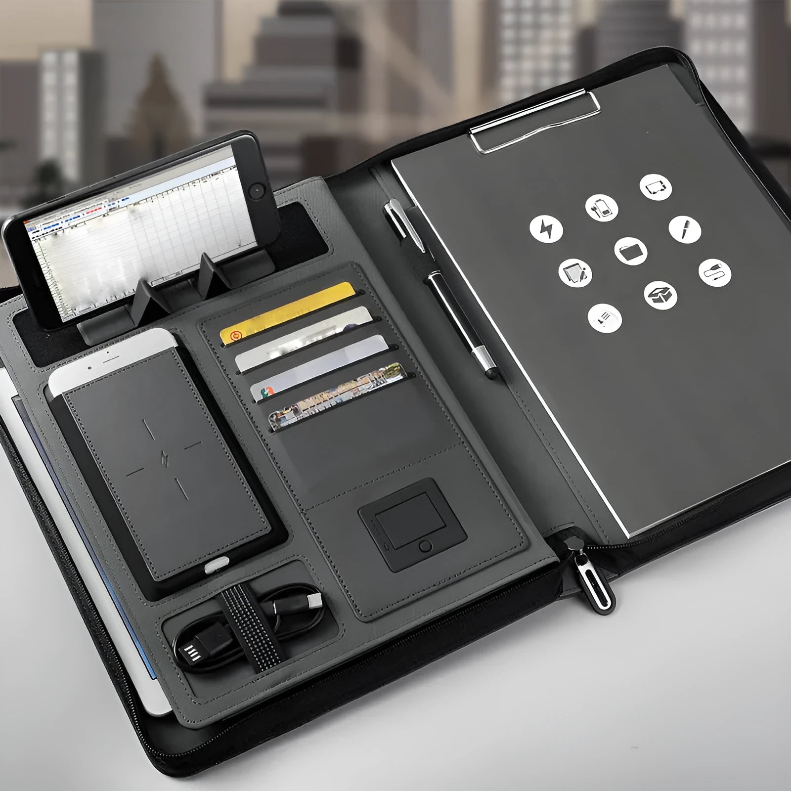 A4 multifunctional rechargeable folder notebook with wireless charger, 5000mAh battery, black colour-changing PU cover