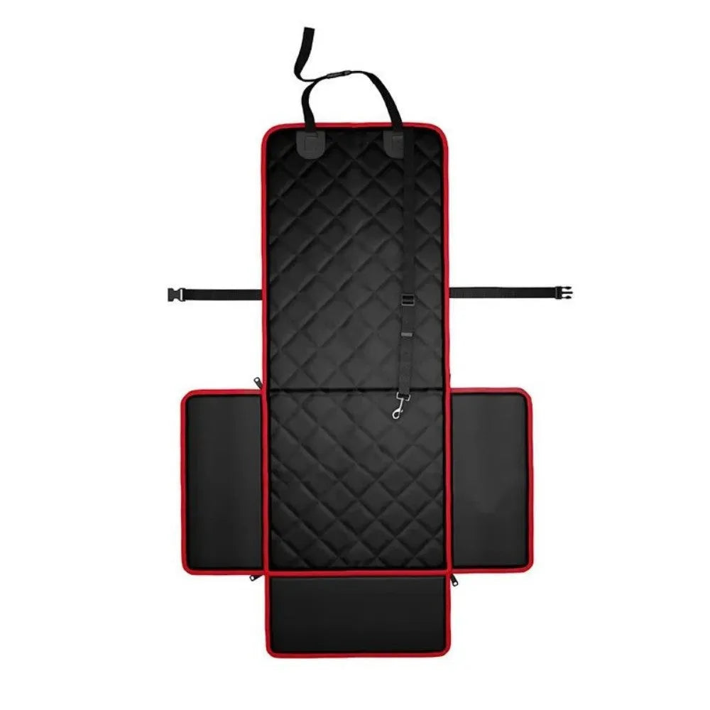 Black non-slip car seat pet pad for big dogs on a car passenger seat.