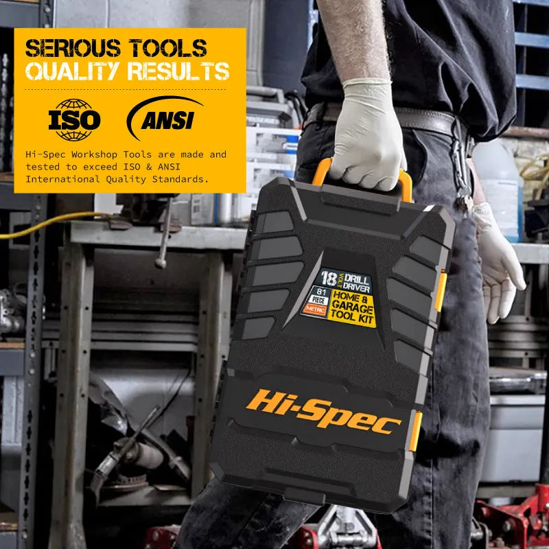 Grey yellow US-style toolbox open to show 82-piece chrome-vanadium steel home repair tool set.