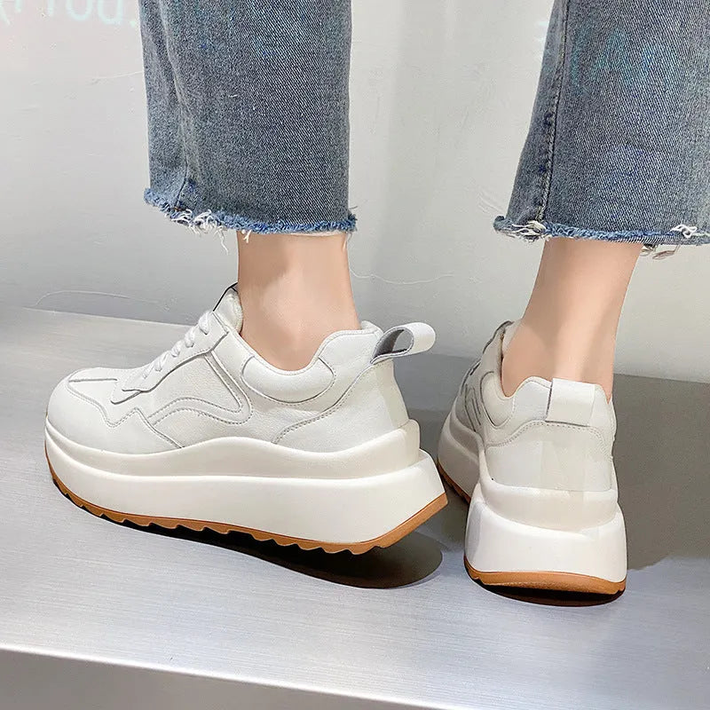 Women's white cowhide leather casual sports shoes with cross strap and round toe design