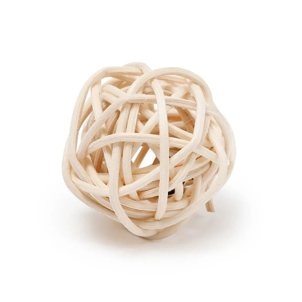 Two cat toys: hollow rattan ball and faux feather ball with bell for interactive kitten play