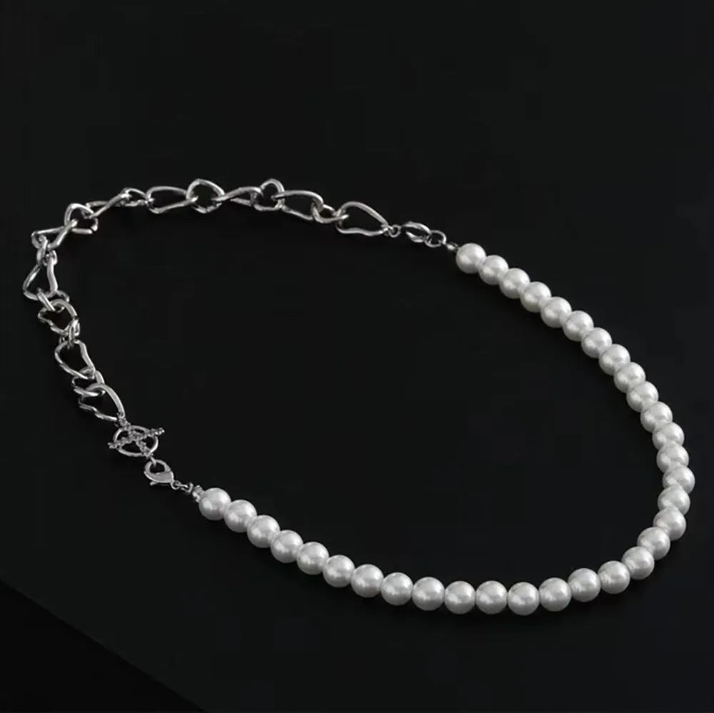 White acrylic geometric asymmetric pendant on twisted chain clavicle necklace