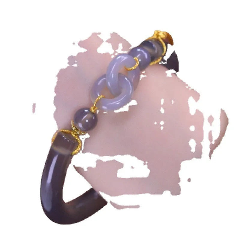 Smoke purple grey agate bracelet with ring buckle closure on wrist