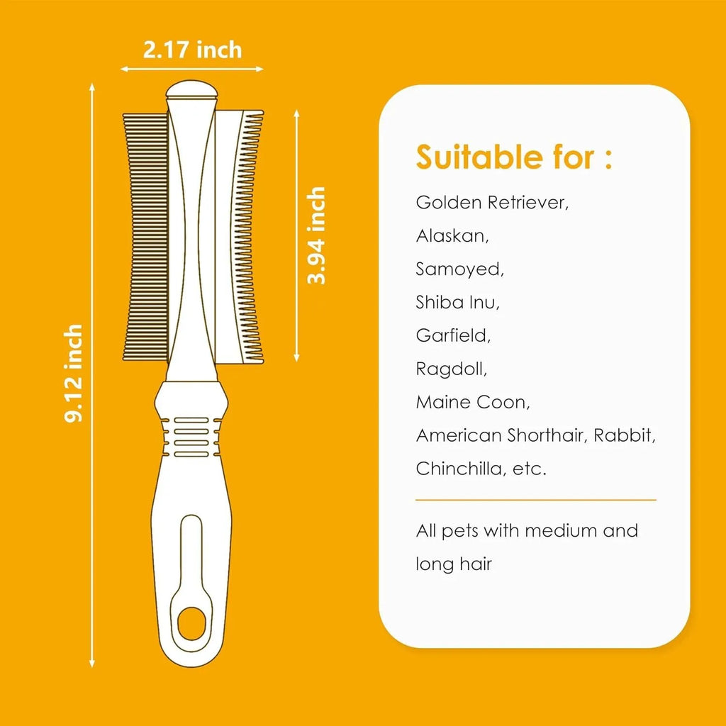 White 2 in 1 dog cat deshedding brush with curved comb and anti-slip handle measuring 230x60mm