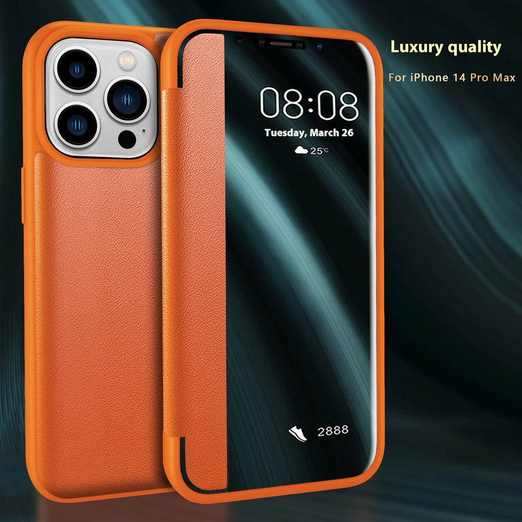Plain black leather business flip phone case with anti-drop function for iPhone 14 Pro Max
