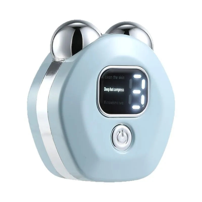Portable white hot compress micro current double-roller facial massage instrument with USB cable.