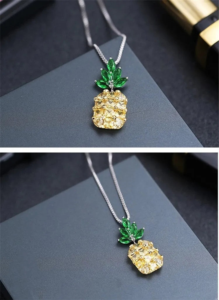 Silver Korean women's necklace with a geometric pineapple and diamond charm on an adjustable chain.