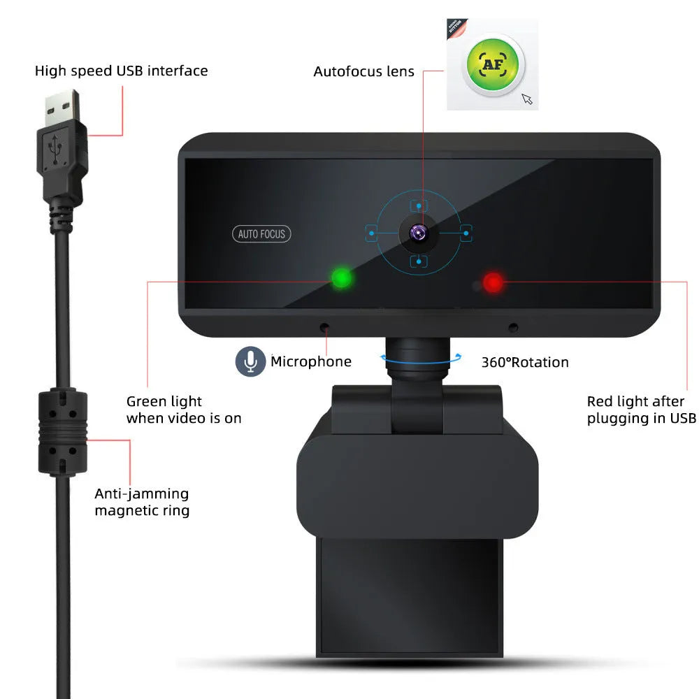 Black computer video camera with 5MP autofocus and 1.7m cable for desktop use