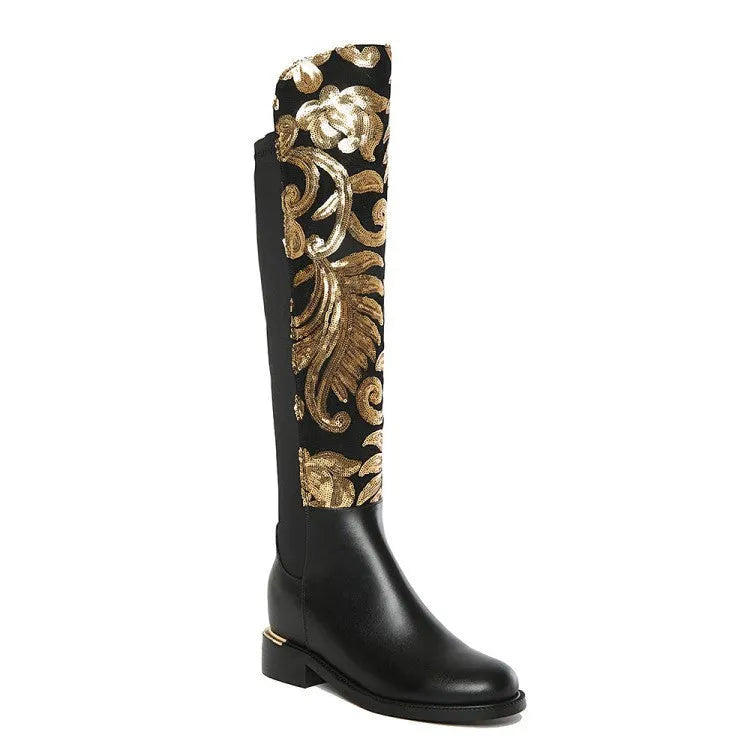Women's black cowhide leather knight boots with round toe, thick heel, sequin detail, and high tube design