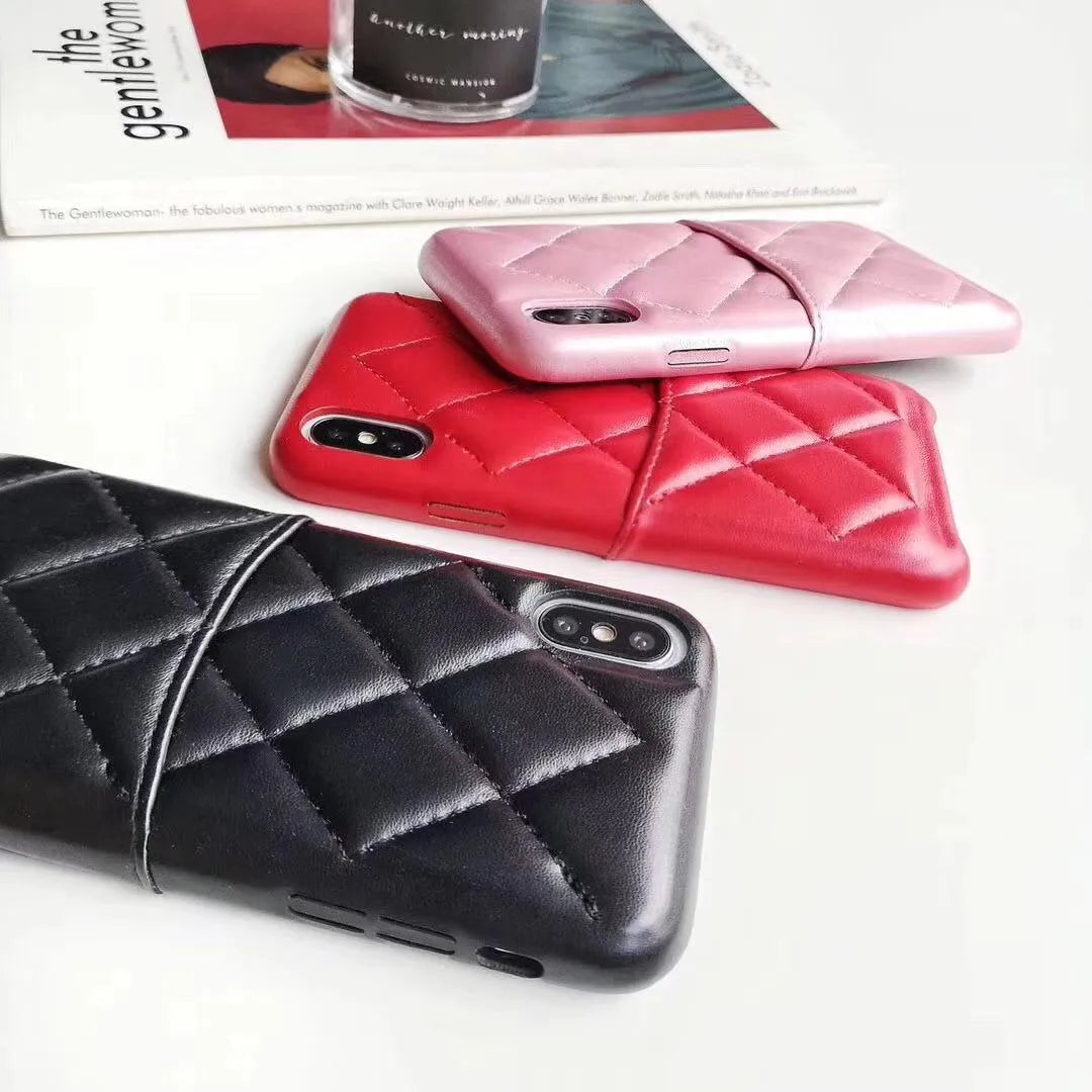 Genuine leather iPhone case in black, pink, and red colours for XS Max and iPhone 6-8 Plus models.