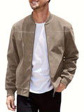 Men's army green suede casual jacket with a front zipper, shown on a model.