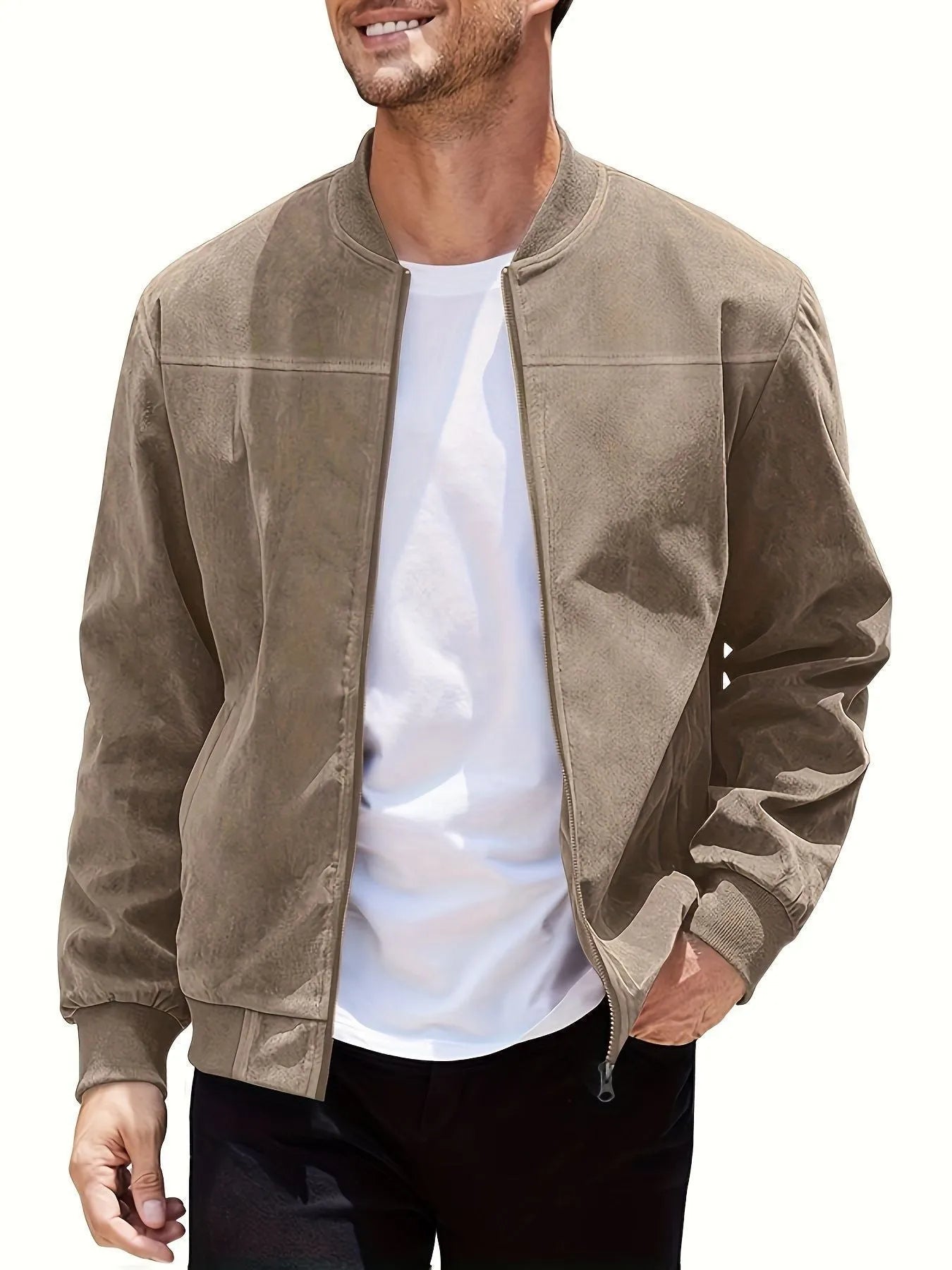Men's army green suede casual jacket with a front zipper, shown on a model.