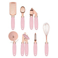 Seven-piece stainless steel kitchen utensil set with rose gold accents in six colour options on countertop
