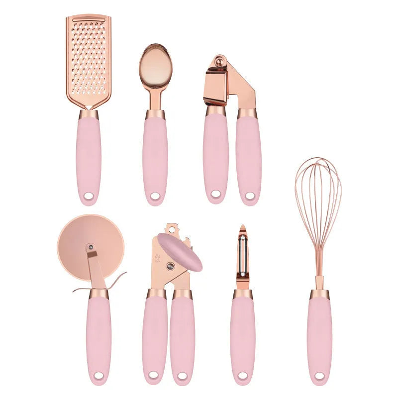 Seven-piece stainless steel kitchen utensil set with rose gold accents in six colour options on countertop