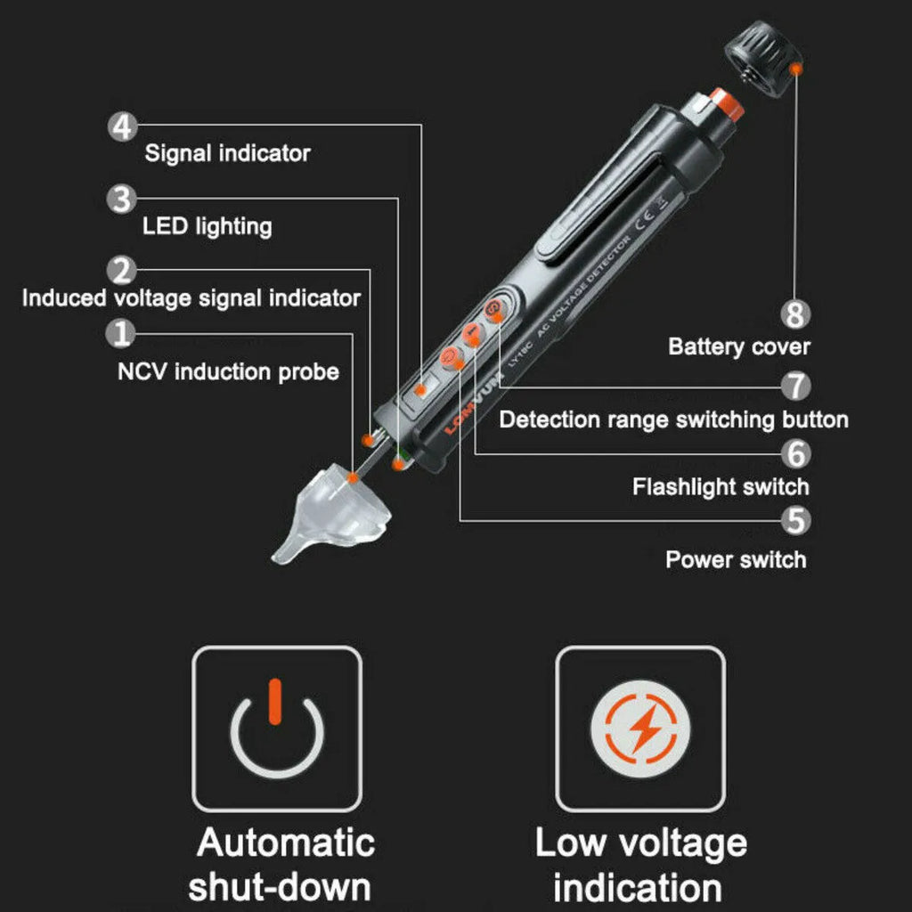 Black intelligent electrical test pen with automatic shut-off feature for voltage and line detection