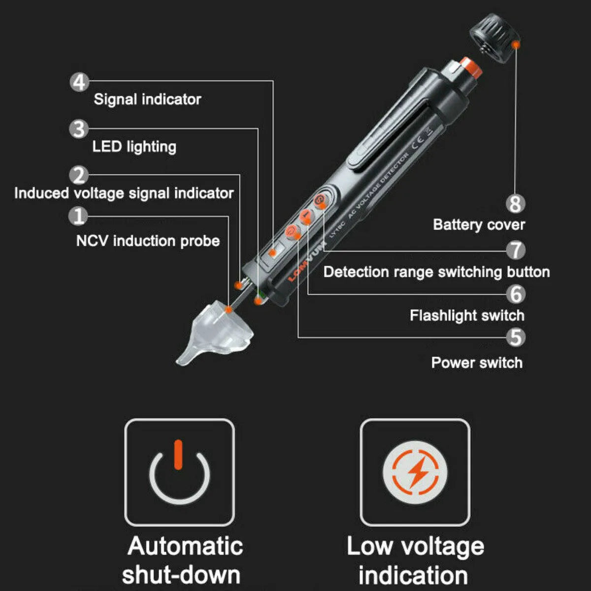 Black intelligent electrical test pen with automatic shut-off feature for voltage and line detection