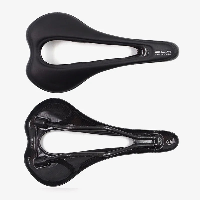 Carbon fibre bicycle saddle 272mm by 146mm in glossy black finish with standard rails