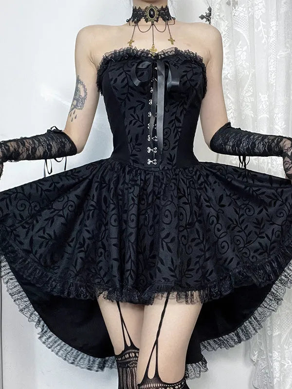 Black gothic flocking bra trailing dress with bow detail, sleeveless, hip skirt style for Halloween costume