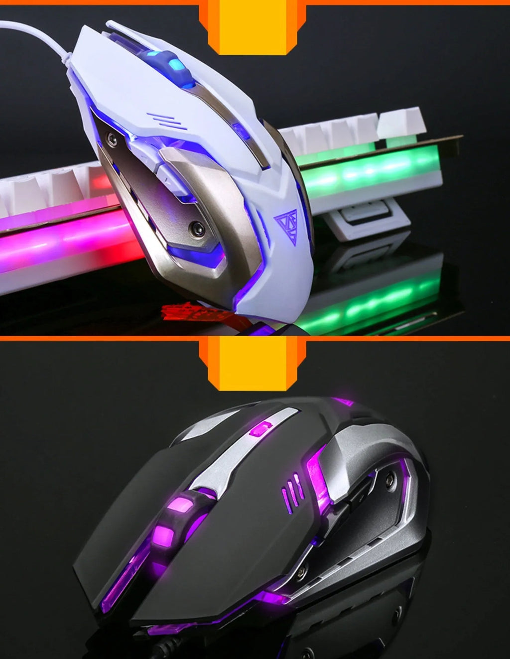 Colourful luminous wired USB mouse with ergonomic shape, 6 buttons, and 1.6m cable on a desk