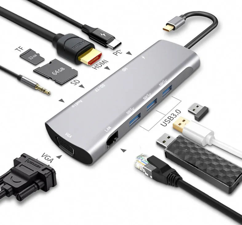 Grey aluminium USB-C docking station with HDMI, VGA, and USB ports.