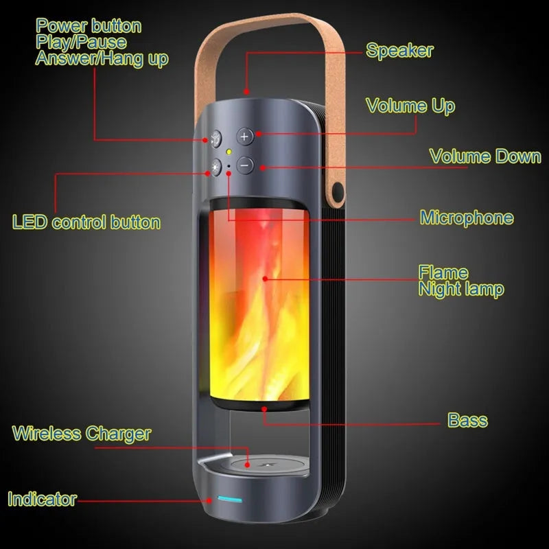 Portable Bluetooth speaker with yellow dancing flame light effect showing wireless charging surface