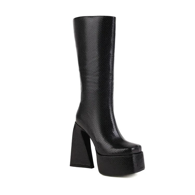 Women's black synthetic PU casual high boots shown alongside red, blue, white, and green colour options