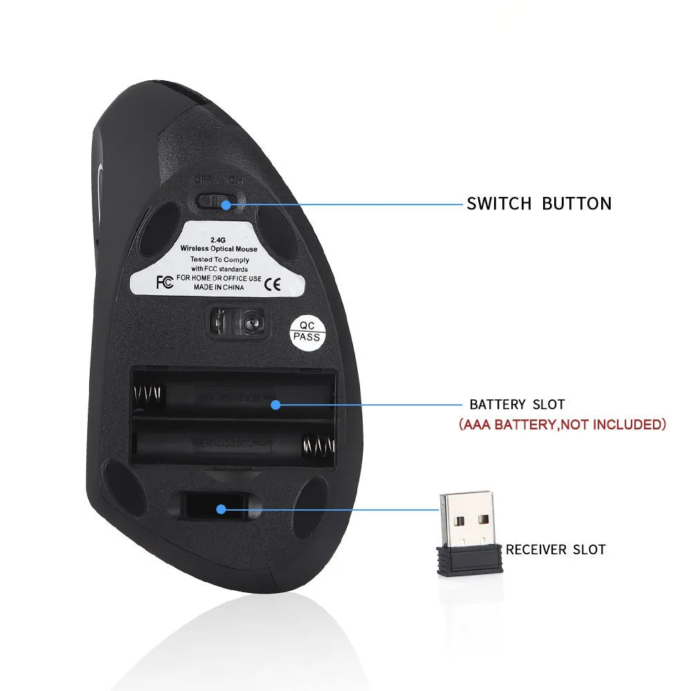 Left hand vertical wireless mouse in black ergonomic design with thumb buttons