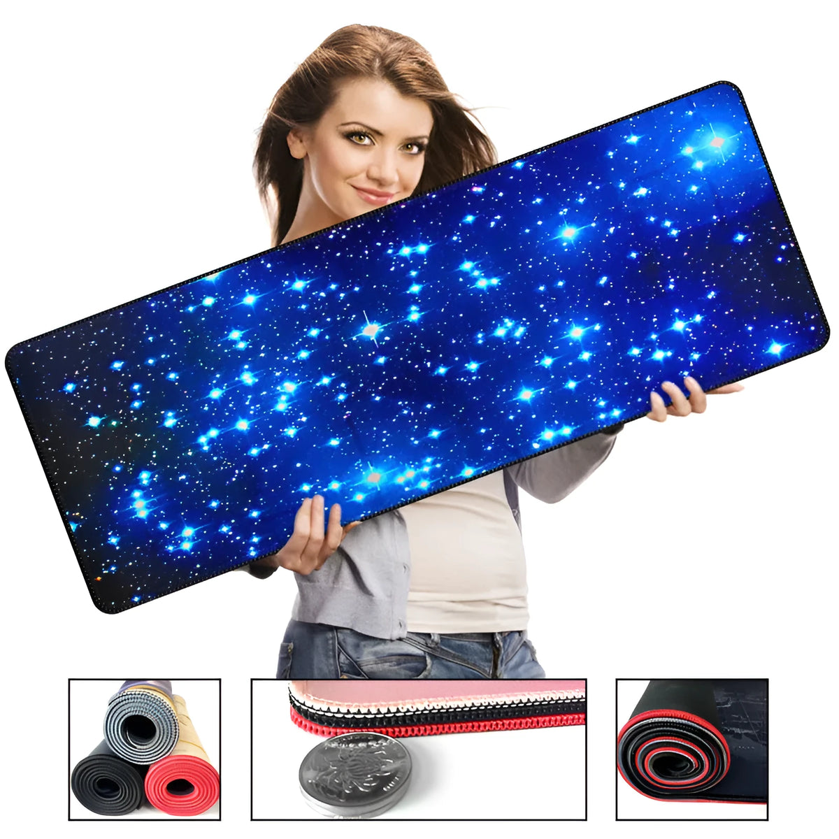 Blue star mouse pad with high-density fabric surface and natural rubber anti-skid base on a desk
