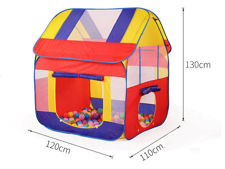 Large blue outdoor children's play tent with roll-up mosquito curtain in a garden setting