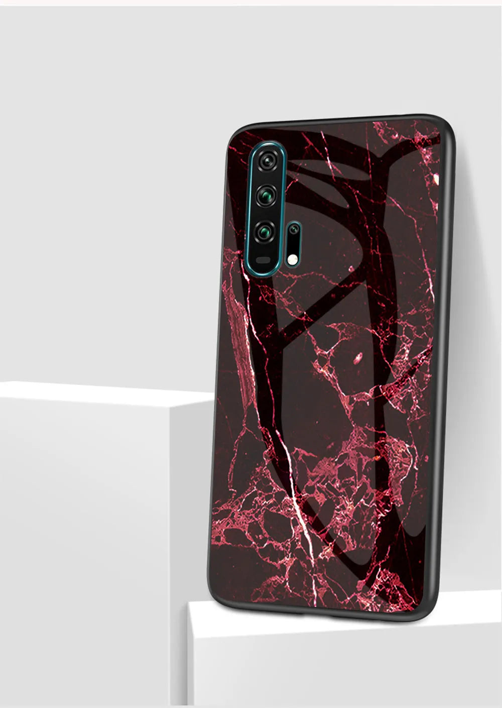 Honor 20 Pro in a black marble glass phone case with a silicone border.