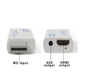 Wii to HDMI adapter converter showing HDMI and 3.5mm audio outputs for Nintendo console
