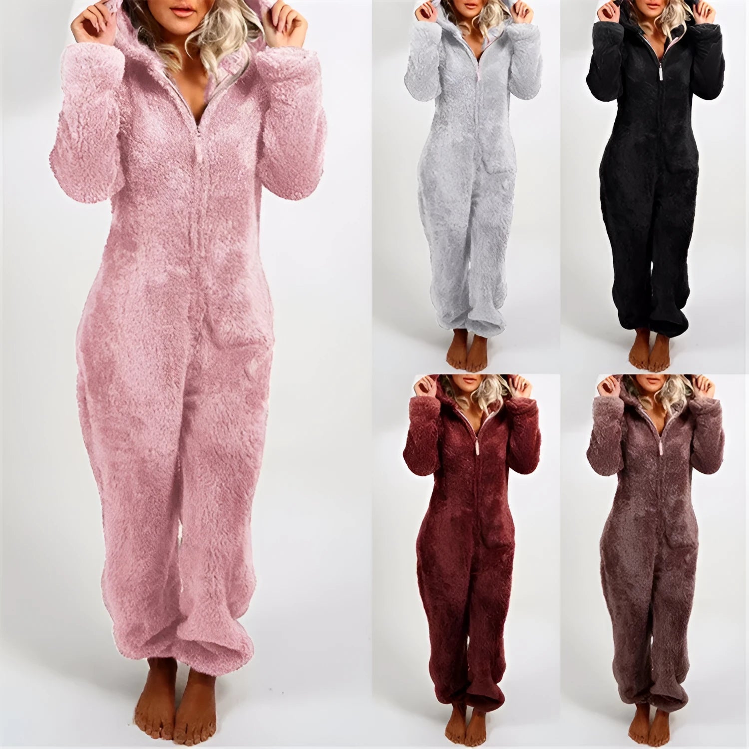 Fleece-lined thickened furry hooded jumpsuit pajama with zipper, loose fit, warm red colour lounging on bed