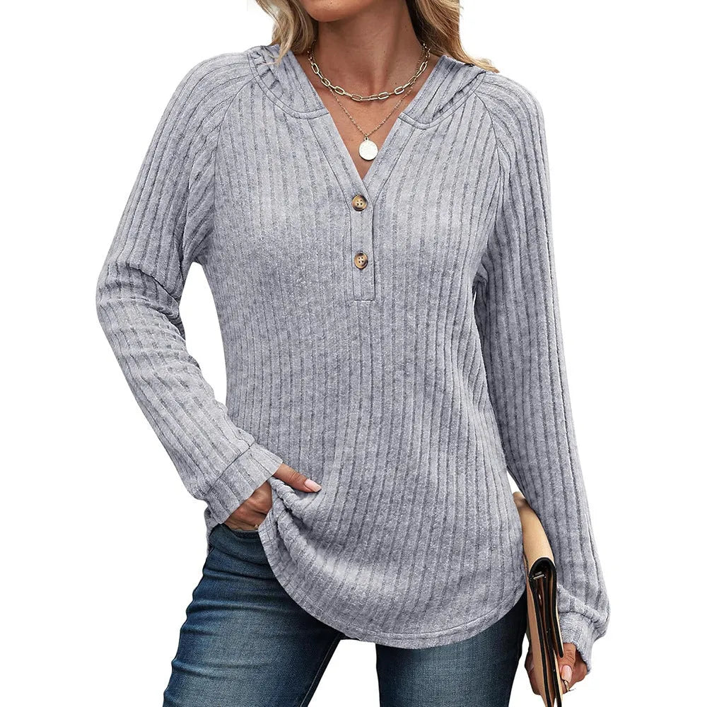 Women's solid colour V-neck button loose hooded fleece knitted top in casual Japanese Korean style