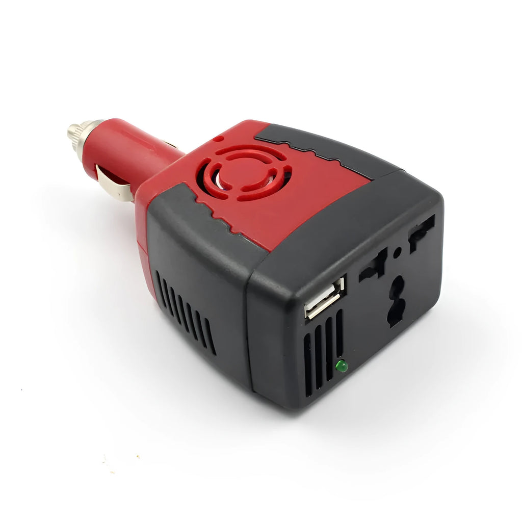 Black and red 150W car power inverter converting 12V DC to 110V/220V AC with USB port