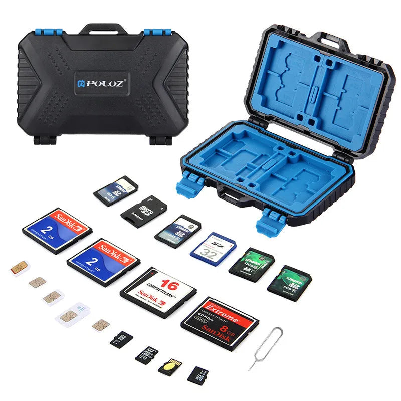 Black waterproof memory card case for 4CF 8SD 9TF SIM cards with blue TPV seal, 11.5 x 7.0 x 2.05 cm