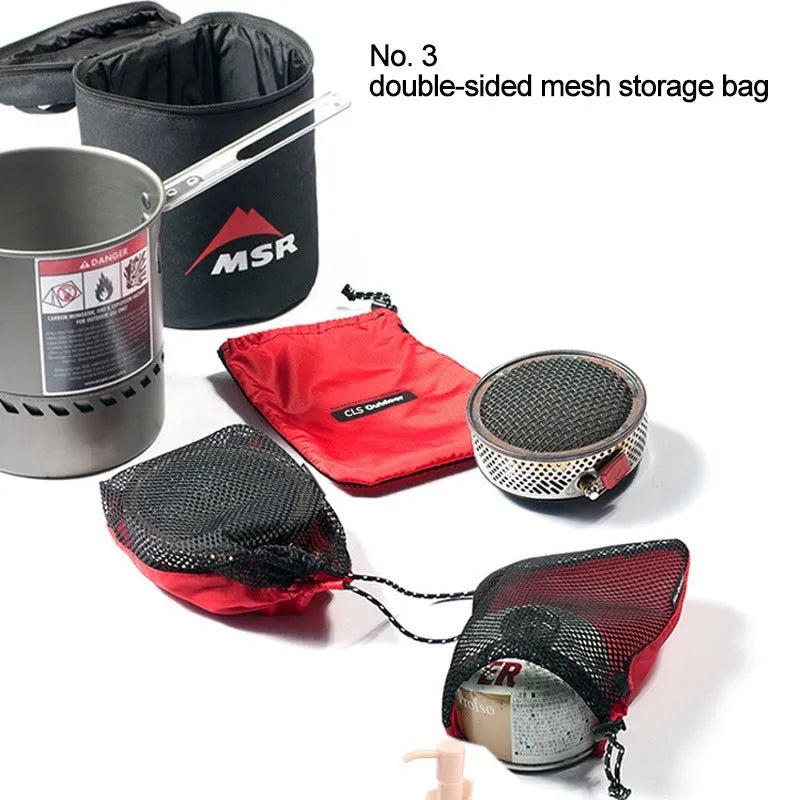 Set of five red outdoor travel storage bags with zippers and mesh panels on a plain background